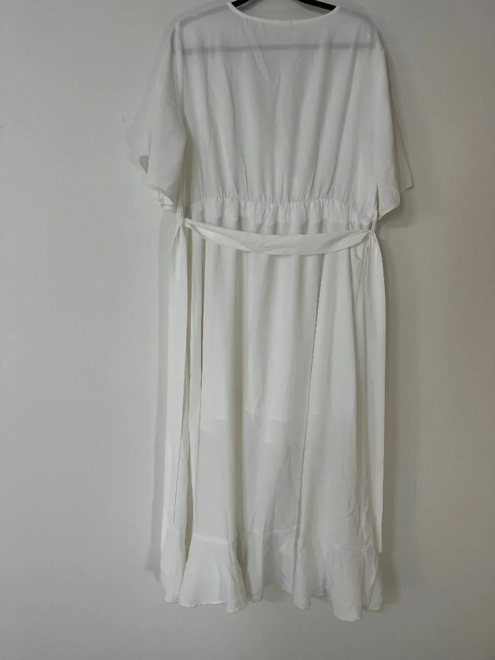 Amazon White Short Sleeve Wrap Ruffle High-Low Midi Dress